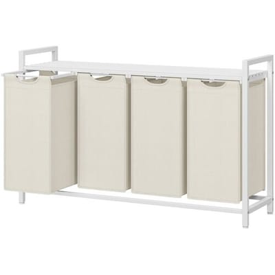 Ochama JOYFURNOS Wasmand, Wasverzamelaar met 4 vakken, Uittrekbare en verwijderbare binnenzakken, Kleding­sorter met plank, Metalen frame, 4 x 40L,