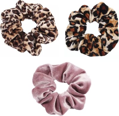 Scrunchie 3 stuks Velvet Extra Vol en Luxe set - haarelastiek haarwokkel scrunchies - oudroze - panterprint bruin/zwart - panterprint bruintinten- Kraagjeskopen.nl