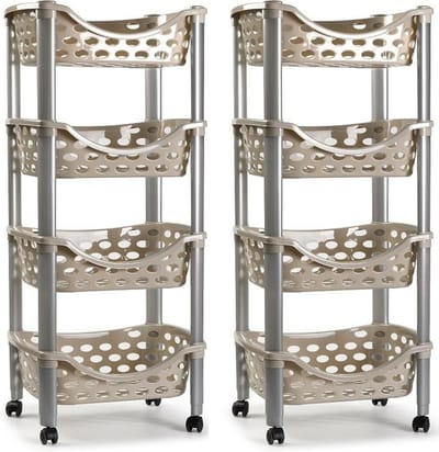 Plasticforte trolley - 2x - keukentrolley op wieltjes - 4-laags - beige - kunststof - 40 x 88 cm - opbergtrolley