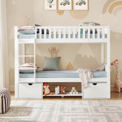 HAUSS SPOLE Stapelbed 90x200 cm - Kinderbed Ombouwbaar Tot 2 Eenpersoonsbedden - Met Opberglades En Ladder - Zonder Matras - Massief Hout - Wit