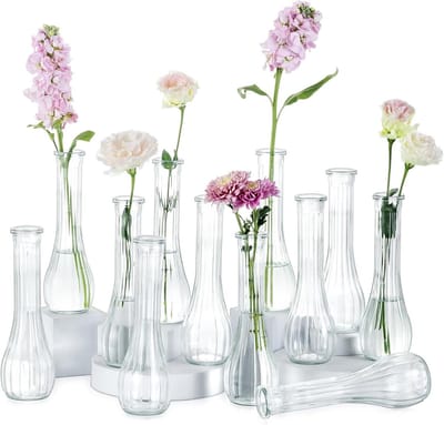 VVGoods - Set van 12 glazen vaasjes voor bloemendecoratie - 21,7 cm hoog - Geribbelde vaasjes voor bruiloft, feest en tafeldecoratie