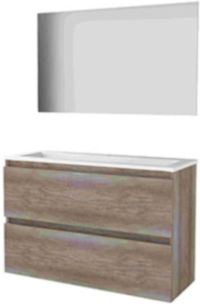 Basic-Line Ultimate 39 Badkamermeubelset - Ondiep - 100 x 39 cm - Greeploos - 2 Lades - Acryl Wastafel - Zonder Kraangat - Spiegel met Indirecte LED Verlichting - Scotch Oak