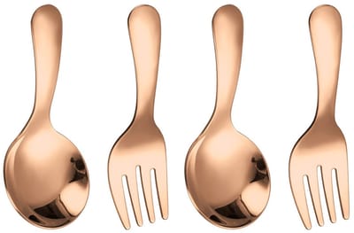 QTTVBTNA 4-delige herbruikbare bestekset - korte steel lepels en vorken - roestvrij staal - dessert, yoghurt, pasta, salade - geschikt voor kinderen en volwassenen - Roségoud