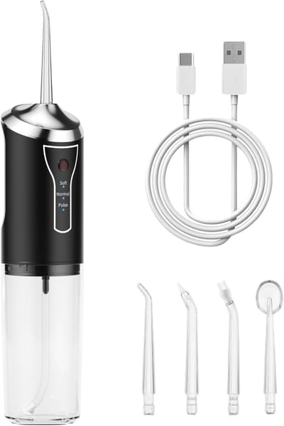 YAGXIG Monddouche - Draagbare tandheelkundige waterflosser Tandenreiniging - Tandsteenverwijderaar - Waterflosser - Inclusief 4 mondstukken - Opladen via USB - Compact reisontwerp - Zwart