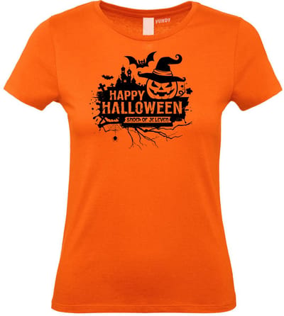 Dames t-shirt Snoep of je leven | Halloween Kostuum Volwassenen | Halloween | Foute Party | Oranje dames | maat XS