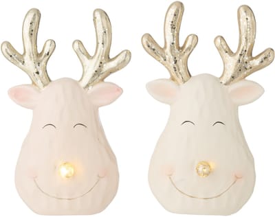 J-Line figuur Rendier Hoofd - keramiek - mix - large - 2 stuks - LED lichtjes
