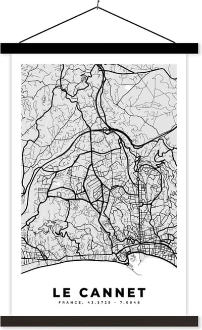 Posterhanger incl. Poster 40x60 cm - Schoolplaat - Stadskaart - Frankrijk - Kaart - Le Cannet - Plattegrond - Textielposter - Zwarte latten - Stadskaart