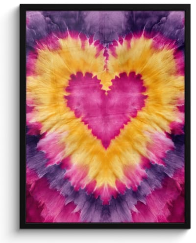 Poster in lijst - Fotolijst 60x80 cm - Posters - Tie dye - Hartvorm - Vlammen - Oranje - Posterlijst zwart - Decoratie - Wanddecoratie woonkamer - Muurdecoratie slaapkamer