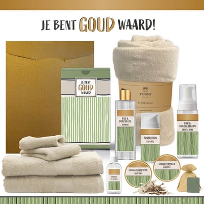 Geschenkset “Je bent goud waard!” - 12 producten - 1910 gram | Triomf Groene Strepen - Giftset voor haar hem Cadeau Luxe Wellness Pakket Vrouw Man Speciaal Cadeaupakket Geschenk Verjaardag Kerst Kerstpakket Gift Set Giftset Groen Beige