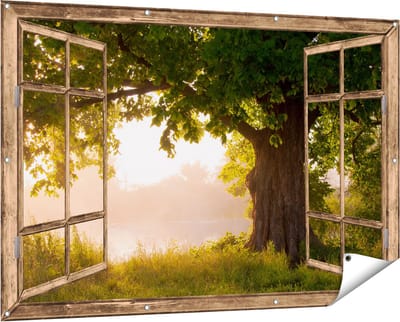 Gards Tuinposter Doorkijk Eikenboom aan het Water met Volle Bladeren - 150x100 cm - Tuindoek - Tuindecoratie - Wanddecoratie buiten - Tuinschilderij