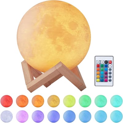 HEZIVO® Maanlamp - 3D Nachtlamp - Maan Lampje - Taffellamp LED - USB Oplaadbaar - 16 Kleuren