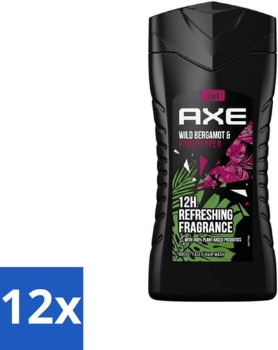 12 x Axe - 3-in-1 Douchegel - Wild Bergamot & Pink Pepper - 100% Plantaardig - 250 ml - Douchegel - Geur - Lichaam - Gezicht - Haar