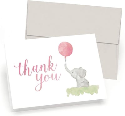 Bedankkaarten babyshower set van 10 met enveloppen - aquarel olifant en ballonnen - roze