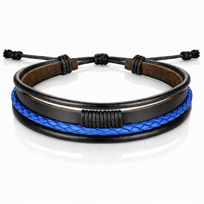 Heren armband Leer Zwart Blauw Verstelbaar Touw Multi armband