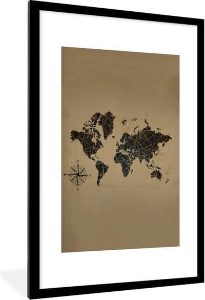 Poster in lijst - Fotolijst 60x90 cm - Posters - Wereldkaart - Zwart - Windroos - Posterlijst zwart - Decoratie - Wanddecoratie woonkamer - Muurdecoratie slaapkamer