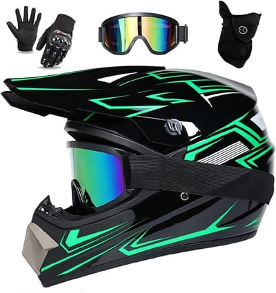 Downhill Motorhelm voor Kinderen & Volwassenen – D.O.T. Gecertificeerde ATV & MTB Integraalhelm Set – Inclusief Bril, Handschoenen & 4 Maten Helmvoering