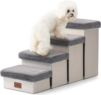 Hondentrap voor kleine honden en katten met opbergruimte en verstelbare treden – 4-traps grijs