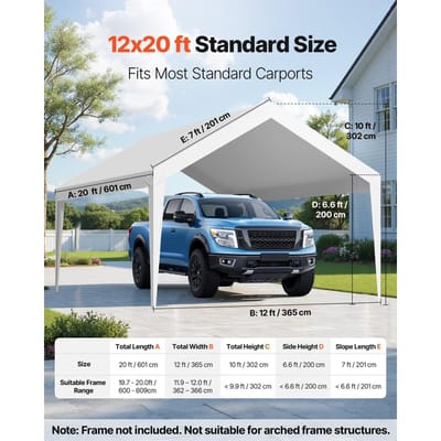 Bâche de remplacement pour abri de voiture, Tente de garage portable 3,6 x 6 m, Bâche de toit, Bâche d'abri de voiture résistante aux UV et imperméable, Housse d'abri de voiture robuste avec boules