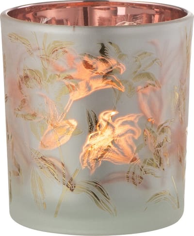 J-Line windlicht Bloemen - glas - wit/rood/goud - small
