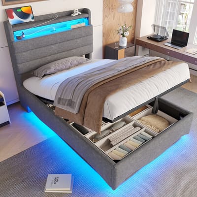 Gestoffeerd bed 90 x 200 cm - met LED-verlichting - met USB- en Type-C-aansluiting - met opbergruimte - zonder matras - grijs