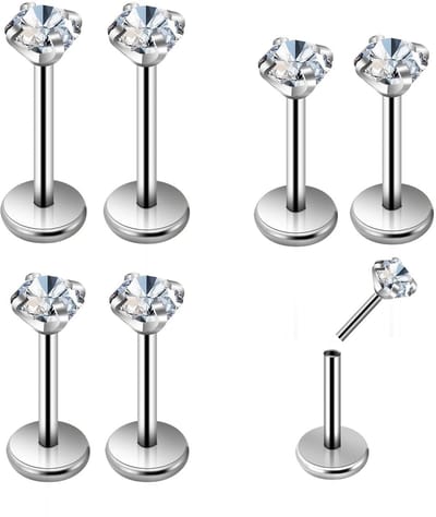 Dailygoods- Neuspiercings 6 stuks - Lippiercing/Medusa - Labret/Push-in-piercing - Bioflex - Roestvrij staal - Schitterende textuur/glans - Oorbellen
