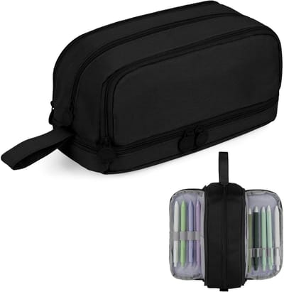 Etui, Grote Etui met 4 Vakken, Etui voor Schoolbenodigdheden, Grote Etui met Handvat voor Kinderen, Dames, Heren, voor School en Kantoor（Zwart）