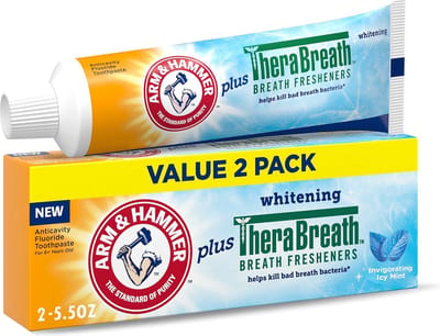 Arm & Hammer Tandpasta + TheraBreath Mondverfrissers – Icy Mint – Wittere Tanden & Fluoride – Set van 2 – 156 g