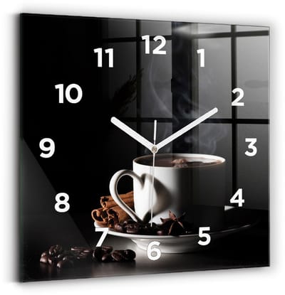 Wallfluent Wandklok - Een kopje koffie Stijlvolle Klok - 30 cm x 30 cm - Zwart Wandklok - Witte Handen - Wandklok Met Cijfers - Stille Wandklok Slaapkamer - Vierkante Glazen Klok - Industrieel Wandklok - Stijlvolle Klok