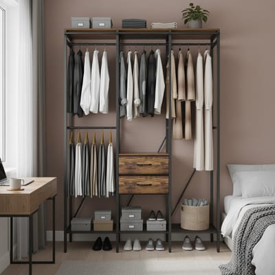 unho open garderobe LARGE - 150 x 50 x 214 cm - kledingrek - kapstok - met gordijnen en laden - garderobe met kledingroede planken - ruimtebesparend - industrieel ontwerp