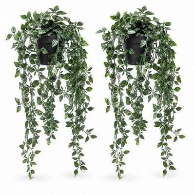 JHA Kunst Hangplant Set van 2 - 85 cm Lange Groene Hangplanten in Zwarte Pot - Realistische Kunstplanten voor Woonkamer, Slaapkamer en Kantoor