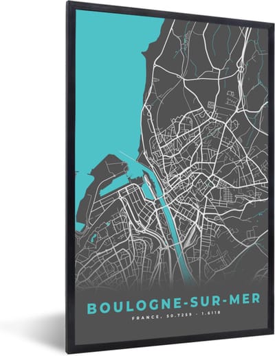 Fotolijst incl. Poster - Frankrijk - Boulogne-sur-Mer - Stadskaart - Kaart - Plattegrond - 40x60 cm - Posterlijst