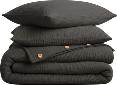 Dekbedovertrek, 4-laags Mousseline, 100% Katoen, Tweepersoons, 200x220 cm, Inclusief Hoeslaken & 2 stuks Kussenslopen 60x70 cm, Antraciet, Knoppen van Kokosnoot, Ademend&Comfortabel, Dekbedovertrekset, Hoge Kwaliteit, Dekbedovertrekken, De Linde Home