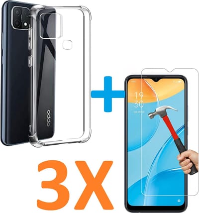 Anti-Shock transparant hoesje silicone met 3 Pack Tempered glas Screen Protector Geschikt voor: Oppo A15 / Oppo A15s