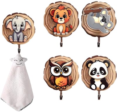 Dailygoods- Kinderhaken 5 Stuks - Zelfklevend - Houten - Dieren - Kledinghaken - Maximaal Draagvermogen 2,5 kg - Wandhaken