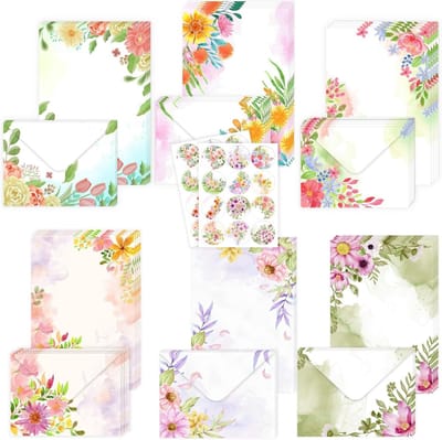 Elegante set van 72 stuks met 24 prachtige blanco briefpapier en bijpassende enveloppen, inclusief sluitstickers, waterverfontwerp en 6 bloemenmotieven voor een stijlvolle correspondentie