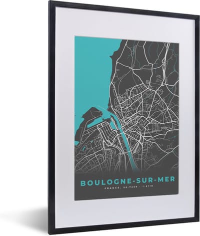 Fotolijst incl. Poster - Frankrijk - Boulogne-sur-Mer - Stadskaart - Kaart - Plattegrond - 30x40 cm - Posterlijst