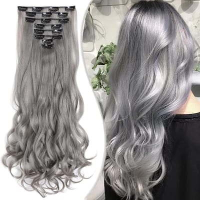 Clip-In Haarextensions Set van 8, 18 Clips, 60 cm, Synthetisch Golvend, Natuurlijk Donkergrijs, Volume en Lengte