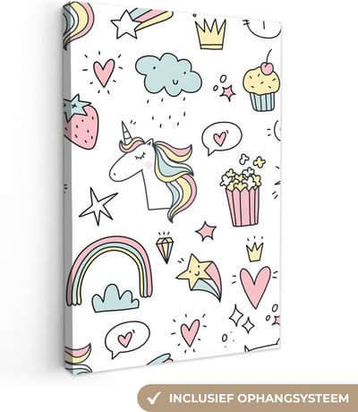 Canvas schilderij kinderen - Muurdecoratie kinderkamer - Eenhoorn - Meisjes - Regenboog - Roze - Design - Wanddecoratie meisjes - Canvas schilderij kinderen - 20x30 cm