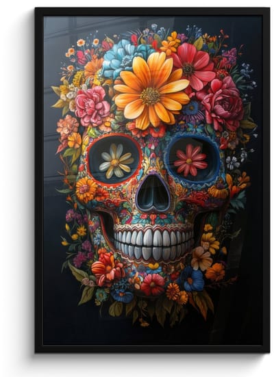 Poster in lijst - Fotolijst 60x90 cm - Posters - Bloemen - Kleurrijk - Schedel - Posterlijst zwart - Decoratie - Wanddecoratie woonkamer - Muurdecoratie slaapkamer