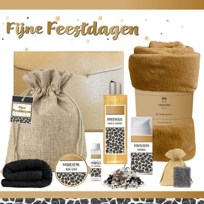 Geschenkset “Fijne Feestdagen” - 8 producten - 1210 gram - Triomf Cosmetica | Giftset voor haar Luxe wellness cadeaubox Cadeau vrouw Gift Set Kerst Geschenk Fijne Feestdagen Kerstpakket Cadeaupakket Prettige Kerstdagen Collega Panter Goud