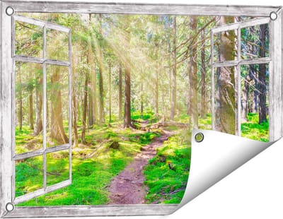 Gards Tuinposter Doorkijk Pad in Bos met Zon tussen de Bomen - 60x40 cm - Tuindoek - Tuindecoratie - Wanddecoratie buiten - Tuinschilderij