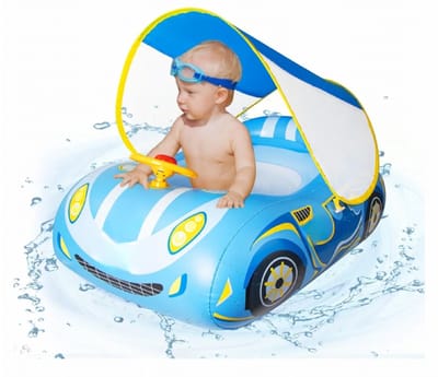 BIXc®- Baby zwemring, luchtbed, met luifel, Auto Baby drijver, luchtbed, voor zwembaden met UPF50+ Verwijderbare Zonbescherming, Leeftijd van 18-48 Maanden voor Kinderen.