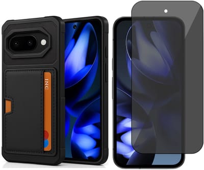 Pasjes Houder Hoesje & Privacy Screenprotector geschikt voor Google Pixel 9a Hoesje Screenprotector - Gehard Glas Cover Privé + Heavy Duty Case - Magnetisch Portemonnee Hoesje Cover - Zwart