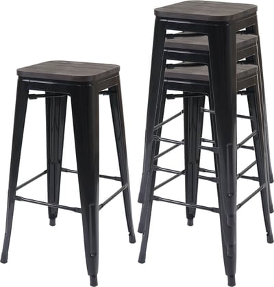 Set van 4 barkrukken MCW-A73 incl. houten zitting, barkruk tegenkruk, metaal industrieel ontwerp stapelbaar ~ zwart