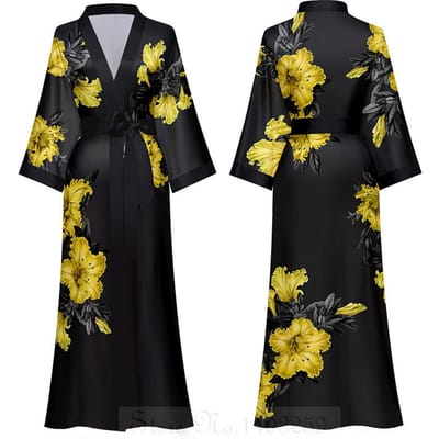 Print in Chinese stijl Dames Lange Robe Nachthemd Retro Satijnen Nachtkleding Nachthemd Halve Mouw Kimono Badjas Gewaad Losse Huiskleding One size