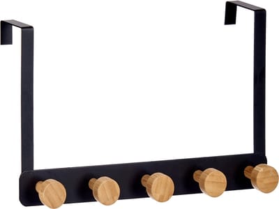 Badkamer deurhanger voor baddoeken zwart met 5 ophanghaken/knoppen 33 cm - Deurkapstokken