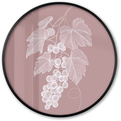 Poster in lijst Rond - Fotolijst 60x60 cm - Posters - Tros - Druiven - Illustratie - Bladeren - Ronde posterlijst zwart - Decoratie - Wanddecoratie woonkamer - Muurdecoratie slaapkamer