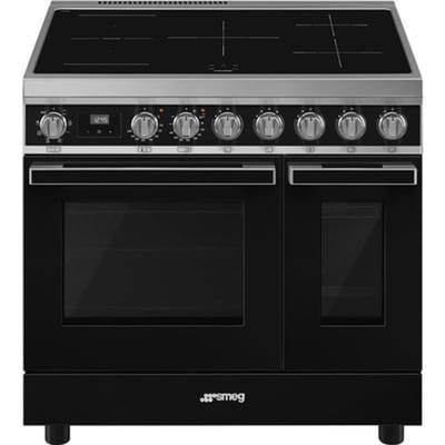 SMEG Fornuis met Inductie Kookplaat Fornuis, 90x60 cm, Portofino, Zwart, Type kookplaat: Inductie, Type primaire oven: Thermogeventileerd, Type secundaire oven: Statisch, A, A