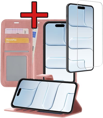 Hoesje - Met Screenprotector - Geschikt voor Apple iPhone Air - Luxe Pasjeshouder - Flipcase - Bookcase Portemonee - Flip Case - Kunstleer Book Case - Book Cover - Walletcase - Portemonneehoes - Telefoonhoes - Rosé goud