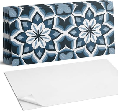 Coloray Plaktegels - Bloemmotief in symmetrie Wandtegel Zelfklevend - 60 cm x 30 cm - Blauw Plaktegels - 6 stuks - Rechthoek PVC Tegels - Plaktegels Keuken - Zelfklevende Vloertegels Badkamer - Vinyl Tegels - Zelfklevende Wandtegels